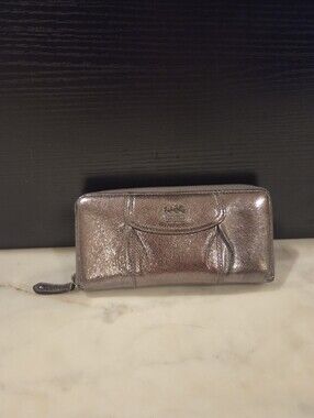 Coach Madison Gunmetal Pewter Metallic Accordion Zip Arpund Wallet